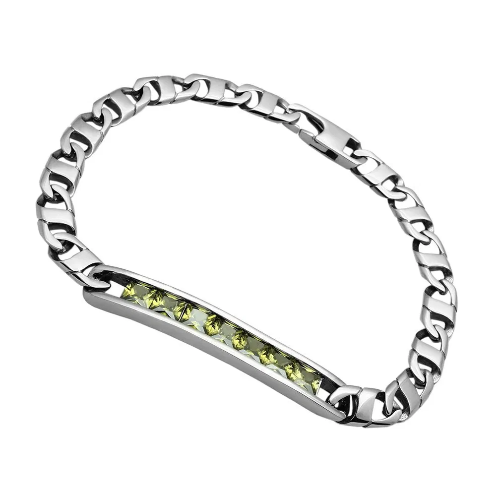TK570 - High polished (no plating) Stainless Steel Bracelet with AAA Grade CZ in Olivine color - Grocery