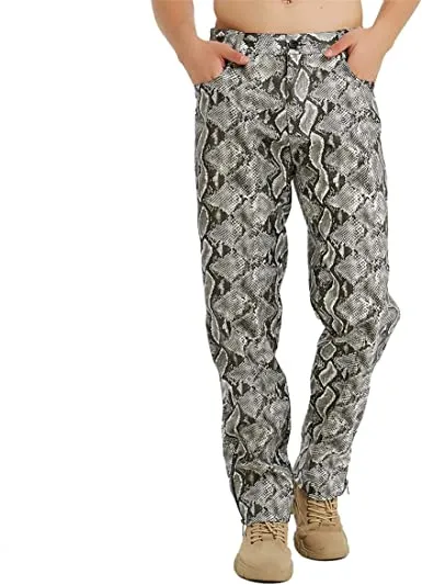 Men's Snakeskin Pants Stylish Casual PU Snake Print Nightclub Disco Vintage Trousers - Grocery