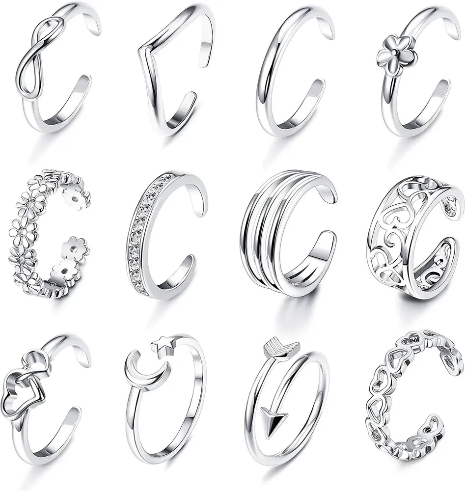 12Pcs Adjustable Toe Rings For Women Open Toe Rings Set Arrow Flower Knot Heart CZ Toe Ring Tail Ring Gifts Set Hypoallergenic Summer Beach Foot - Grocery