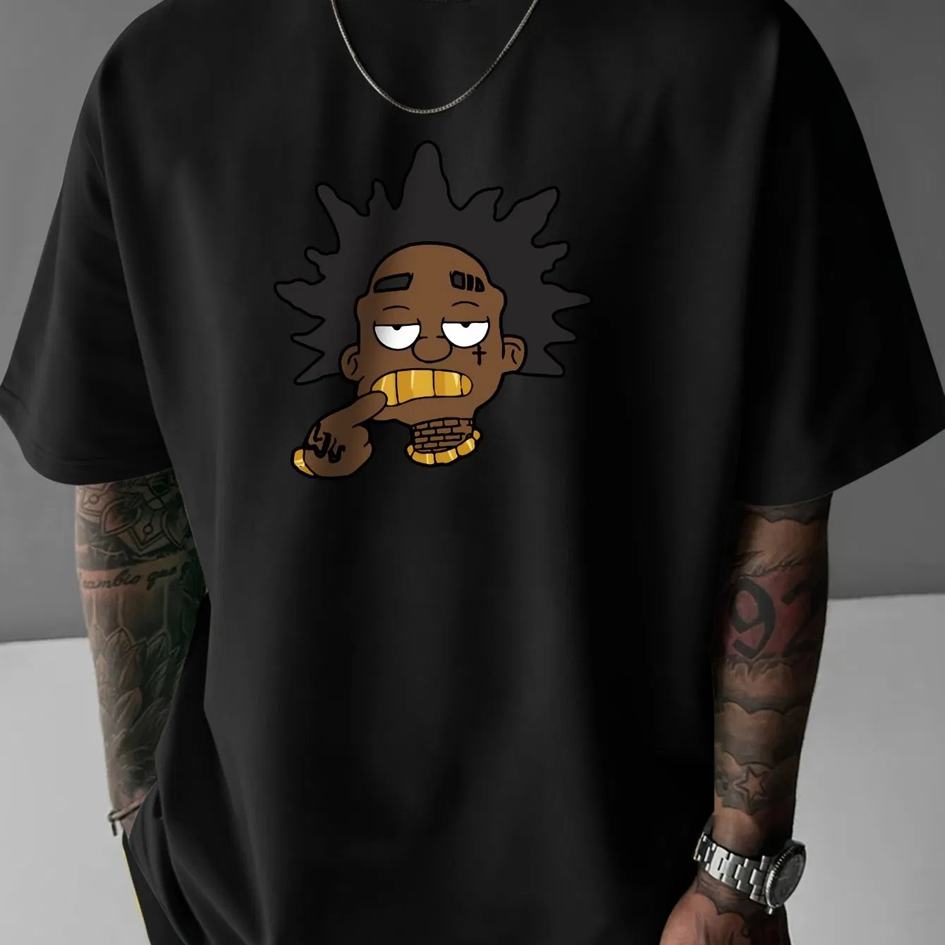 Black Gold Tooth Print, Men's Short Sleeved Round Neck Street Style T-shirt, Suitable For Summer And Spring - Grocery