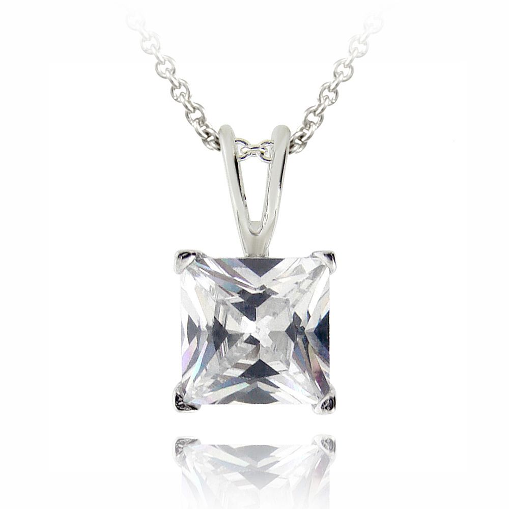 Silver Tone 2ct CZ Square Solitaire Necklace, 7mm - Grocery