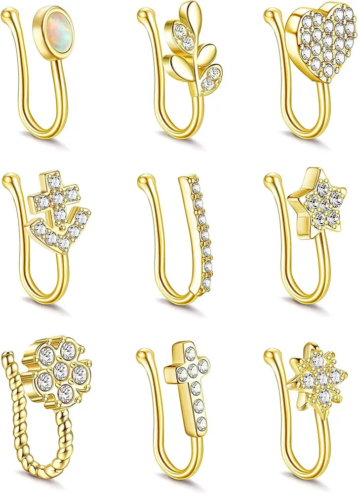 9 Pcs Fake Nose Rings for Women Stainless Nose Cuff Inlaid CZ Opal Clip On Faux Septum Cartilage Tragus Ring Non Piercing Jewelry - Grocery