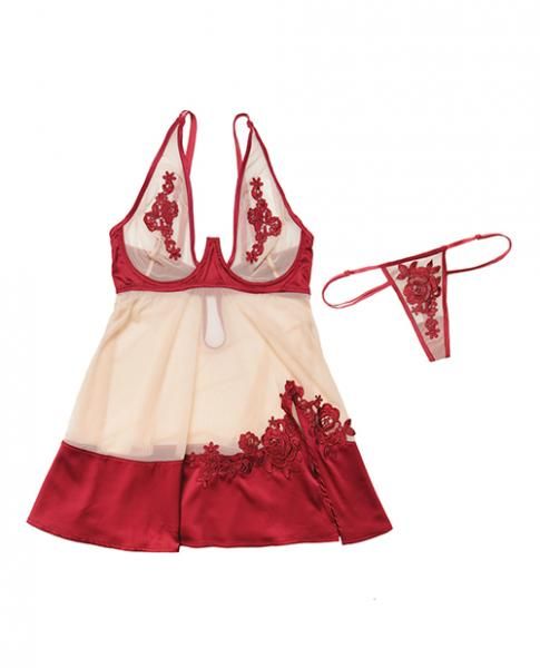 Nylon, Satin Babydoll Underwire Cups & G-String Red Nude XL - Grocery