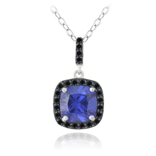 Sterling Silver 2.75ct Simulated Tanzanite & Black Spinel Square Necklace - Grocery