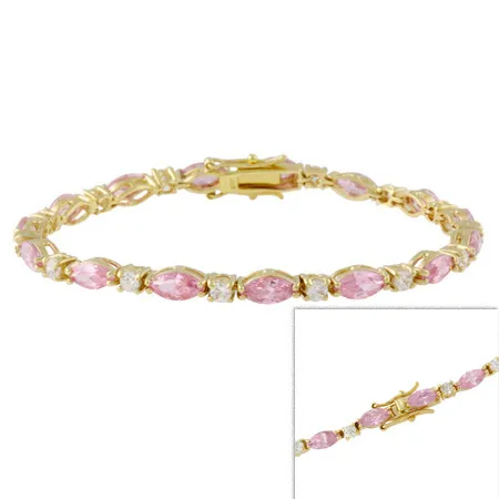 18K Gold over Silver Silver Pink & Clear CZ Marquise & Round Tennis Bracelet - Grocery
