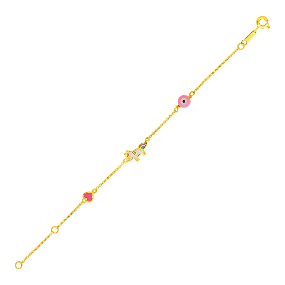 14k Yellow Gold 5 1/2 inch Childrens Bracelet with Enameled Heart Unicorn and Circle - Grocery