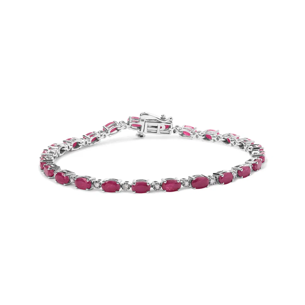 .925 Sterling Silver Oval Ruby and 1/4 Cttw Diamond Link Bracelet - Size 7.25