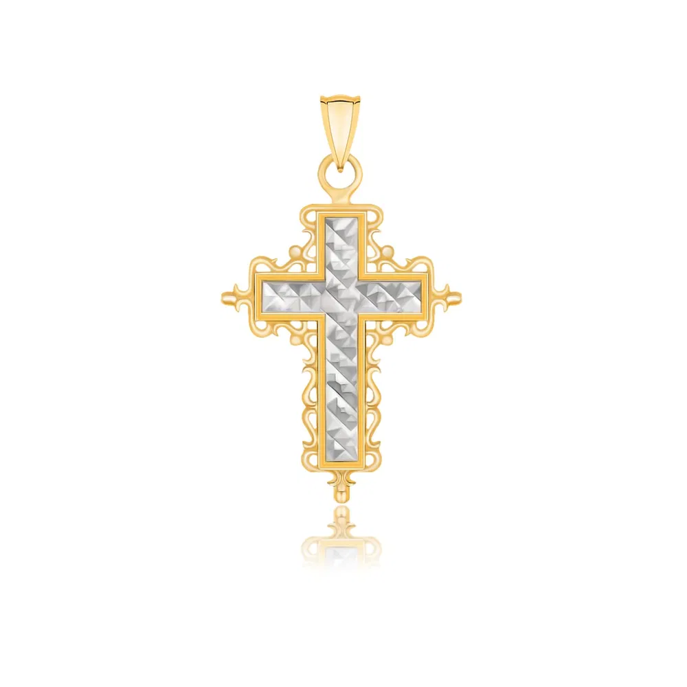 14k Two-Tone Gold Diamond Cut and Baroque Inspired Cross Pendant - Grocery