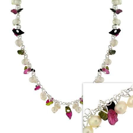 Sterling Silver .925 Iridescent Genuine Freshwater Cultured Pearl and Genuine Pink Tourmaline Stone Chips Dangle Confetti Necklace - Grocery