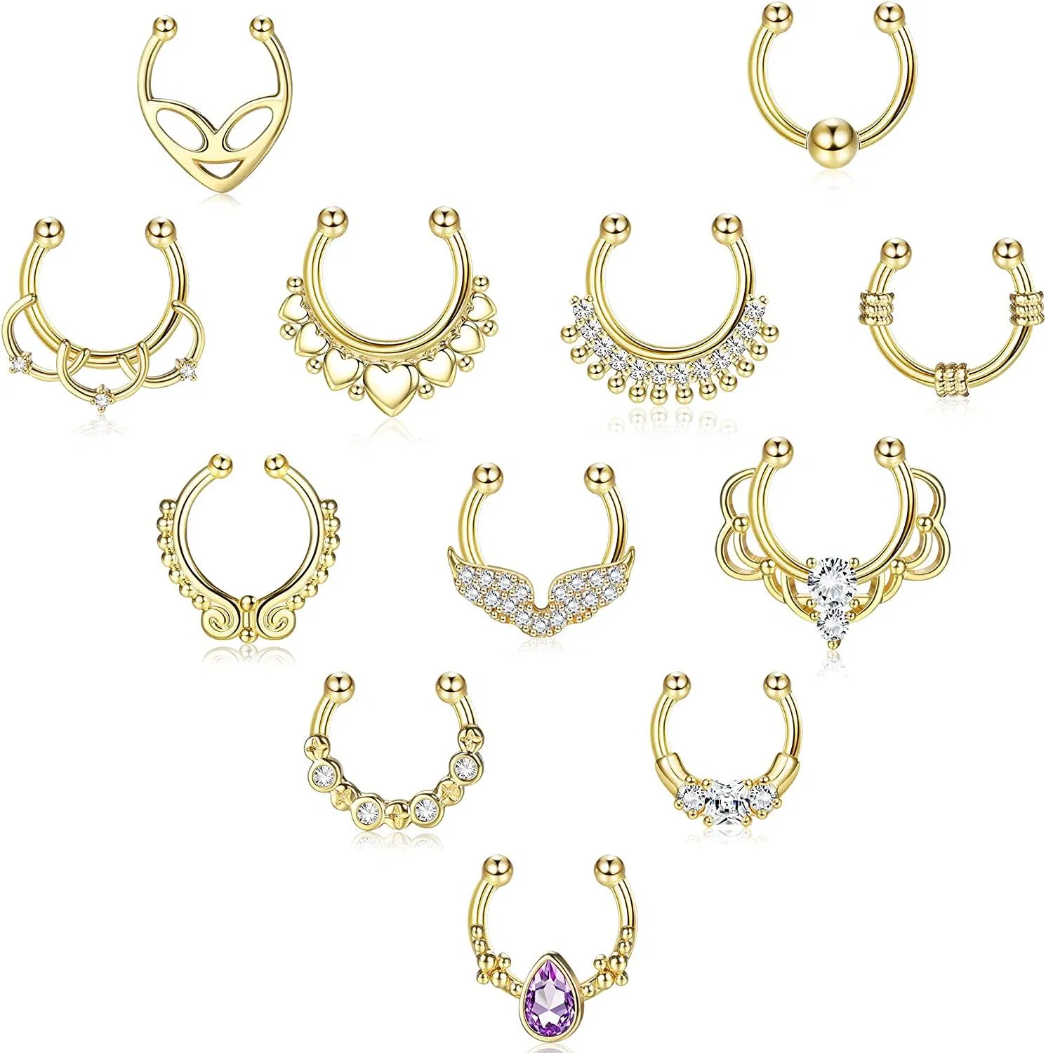 12Pcs Fake Septum Rings for Women CZ Faux Nose Rings Hoop Non-Pierced Clip On Fake Septum Piercing Jewelry - Grocery