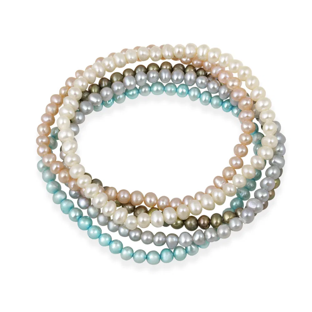 5-5.5mm White, Peach, Gray, Bronze, Teal Freshwater Cultured Pearls Stretch Bracelets, Set of 5 - Grocery