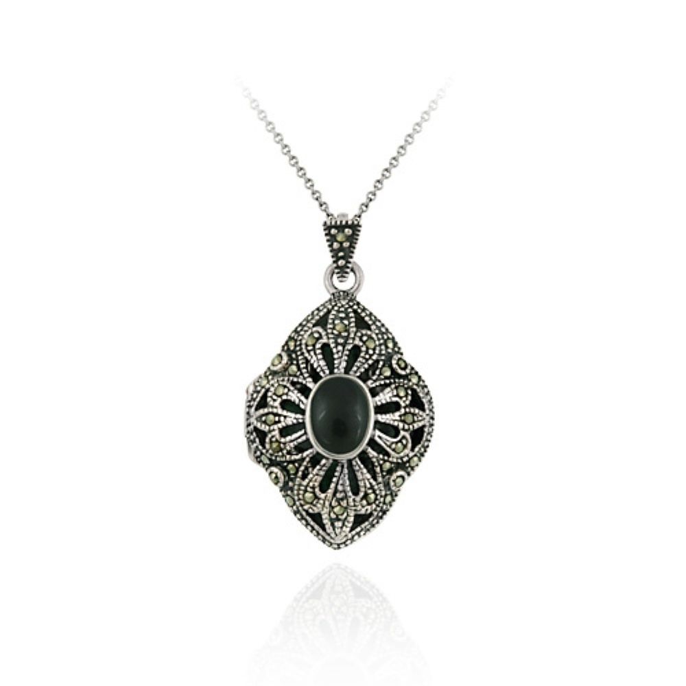 Sterling Silver Genuine Onyx & Marcasite Diamond Shaped Locket - Grocery