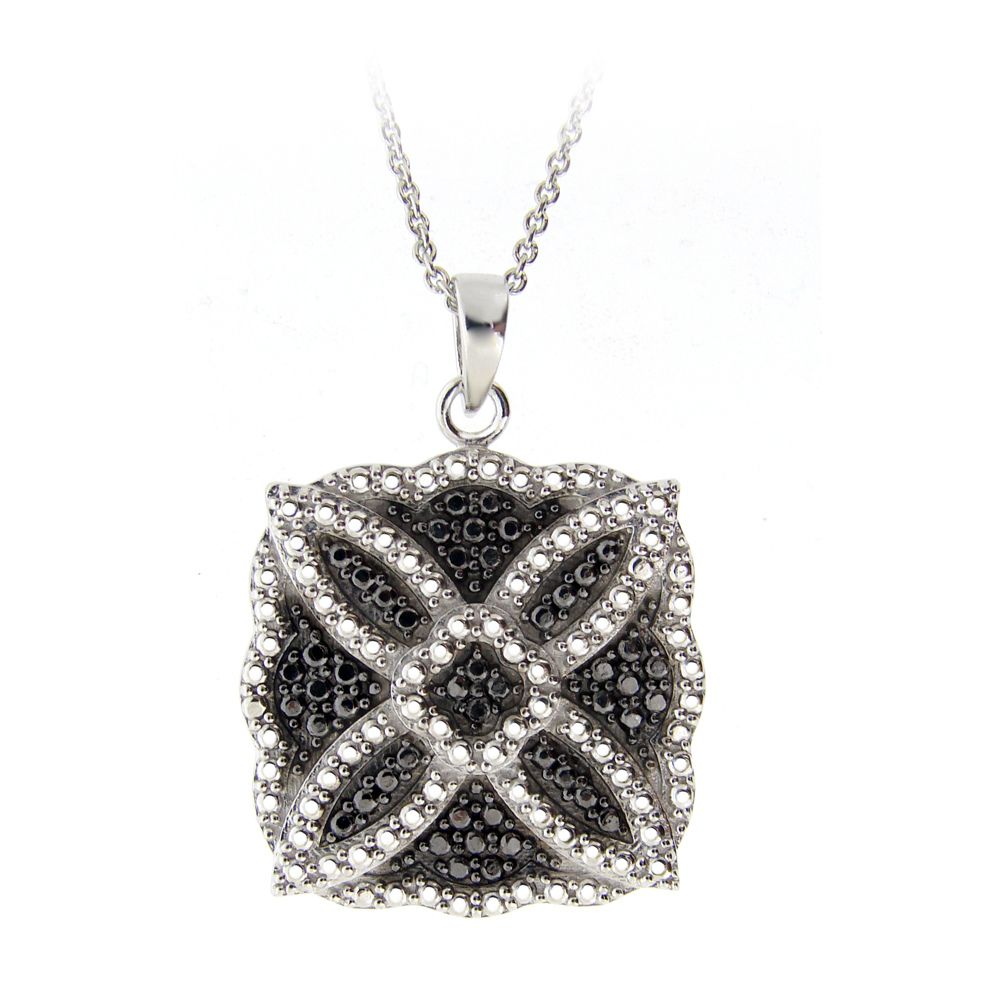 Silver Tone Black Diamond Accent Flower Square Necklace - Grocery