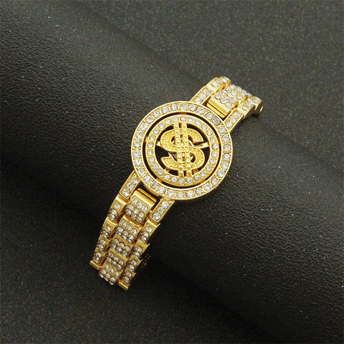 Gold/Silver Bracelet for Men with Turning Dollar Sign Hip Hop Personality Cool Full Diamond Punk Bracelet - Grocery