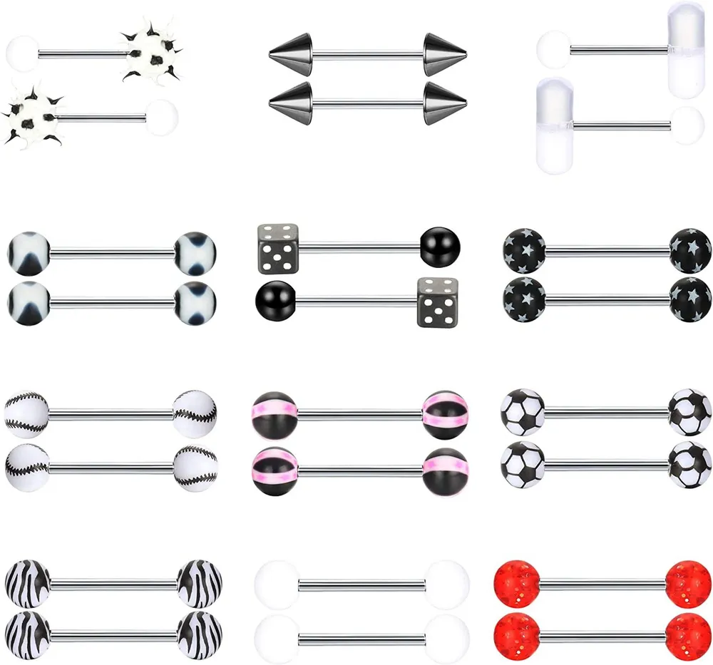 24 Pcs 14G Funny Industrial Stainless Barbell Nipple Tongue Ring Bar Nipplerings Body Piercing Retainer Assorted Colors - Grocery