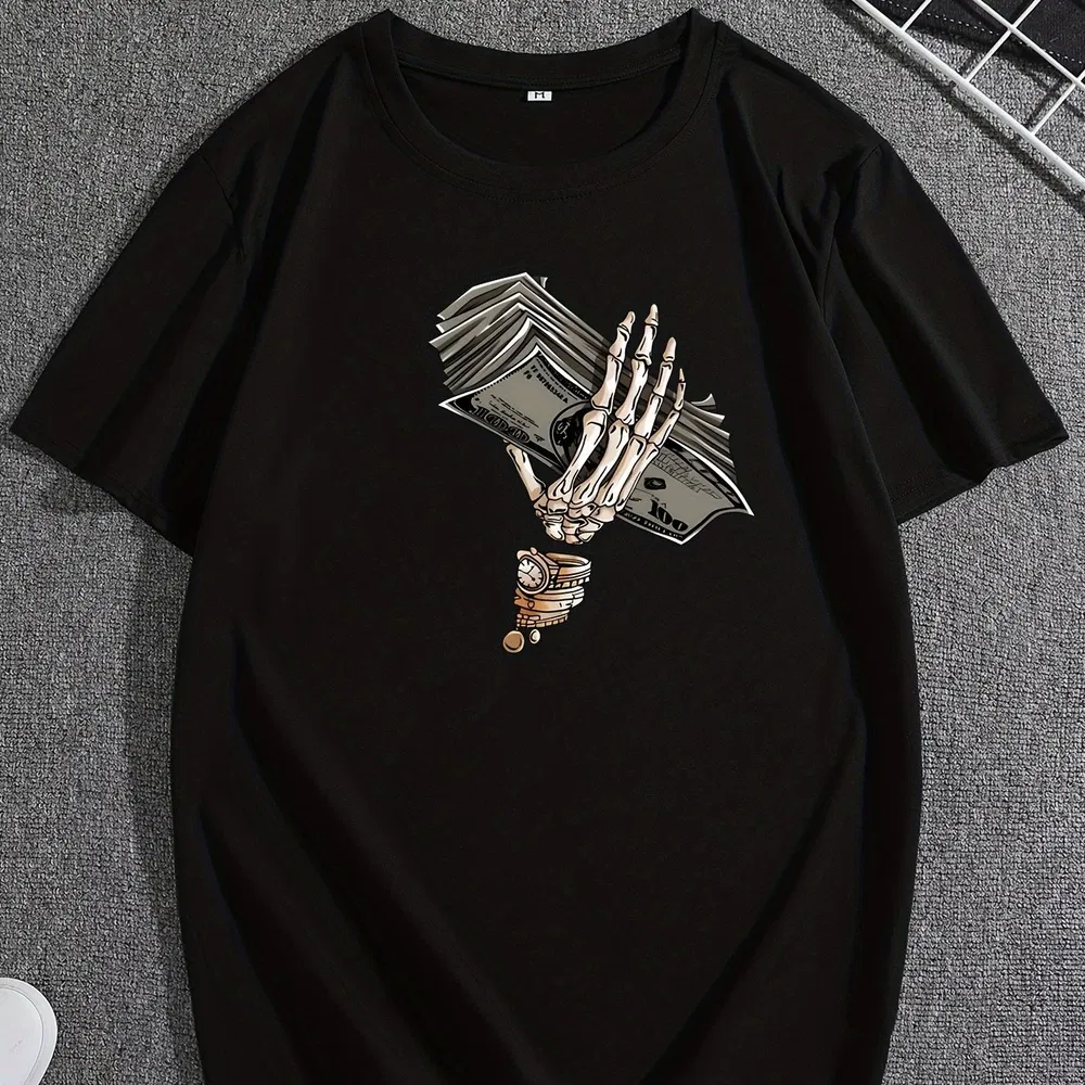 Cartoon Skeleton Hand And Cash Graphic Print, Men's Innovative Design T-shirt, Summer Casual Comfortable T-shirt, Daily Activity Men's Top - Grocery