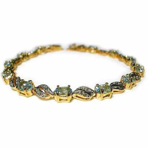 18K Gold over Sterling Silver 6.6ct Blue Topaz & Diamond Accents Wave Link Bracelet - Grocery