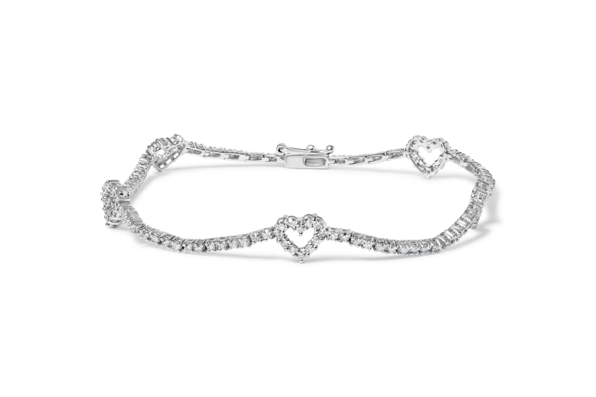 14K White Gold 1 1/2 Cttw Diamond Heart Station Strand Bracelet (H-I Color, I1-I2 Clarity) - 7.5 Inches - Grocery