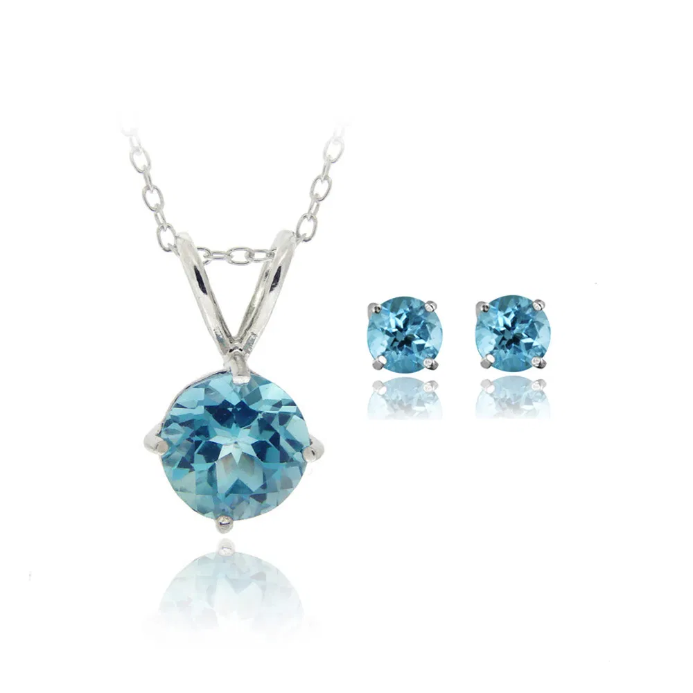 Sterling Silver 2.76ct Swiss Blue Topaz Solitaire Pendant & Stud Earrings Set - Grocery