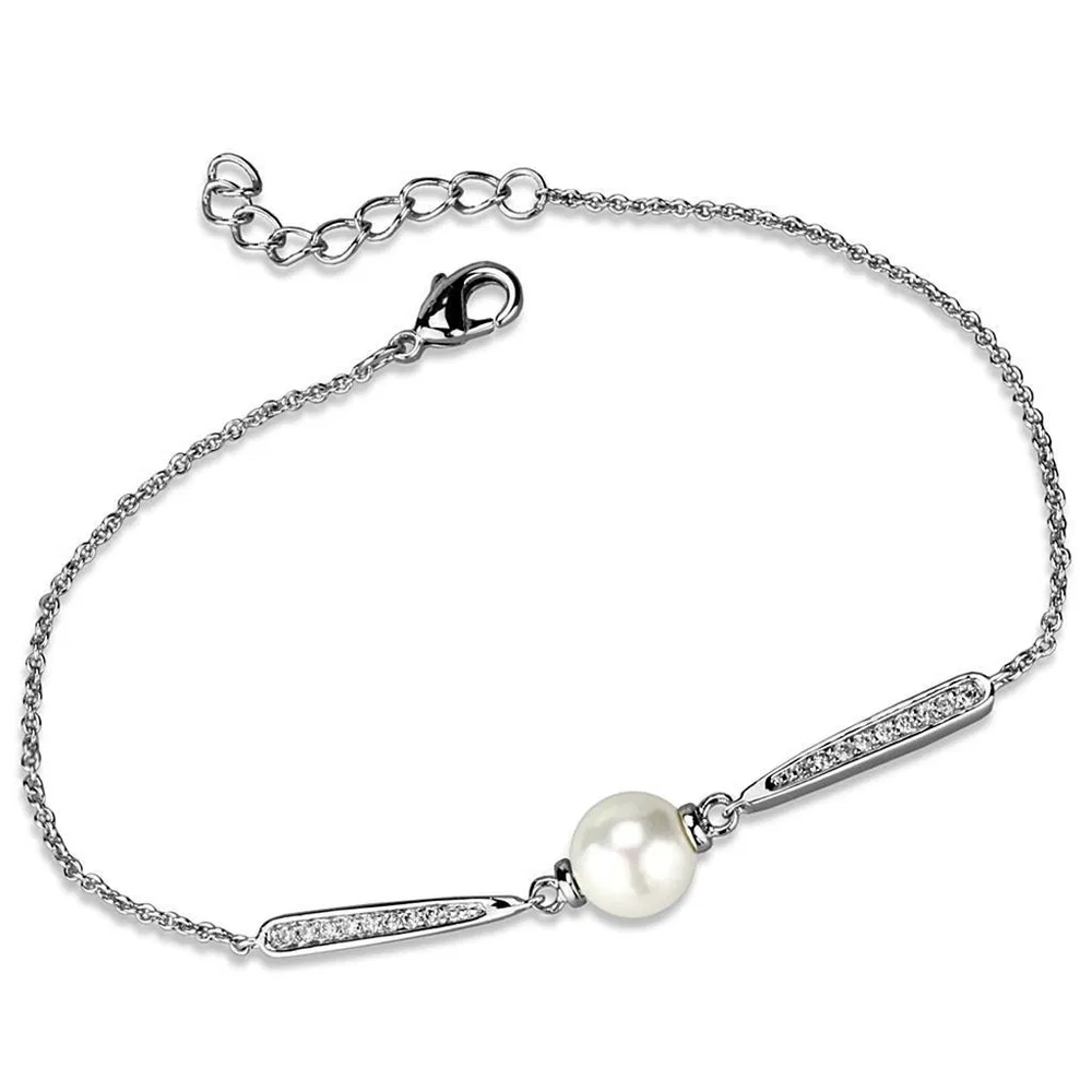 3W1041 - Rhodium Brass Bracelet with Synthetic Pearl in White - Grocery