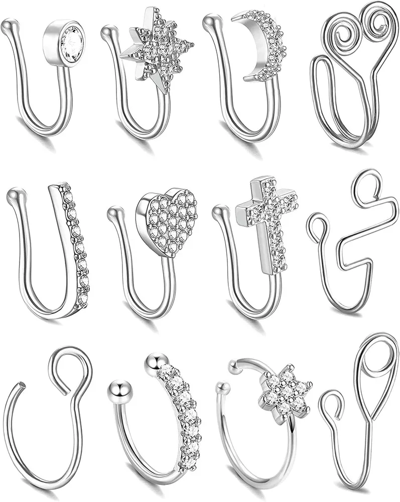 12Pcs Fake Nose Rings Hoop Inlaid CZ Nose Cuff Non Piercing for Women Men Clip On Nose Rings CZ Flower Cross Faux Nose Piercings Hoop Hypoallergenic - Grocery