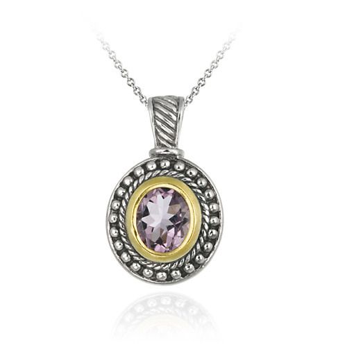 Sterling Silver Two Tone Designer Inspired Amethyst Oval Pendant w/ Beaded Border - Grocery