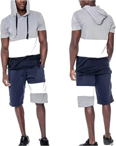 Men's Casual Stitching Color 2 Piece Short Sets Outfits Loose Hooded Short-Sleeved T-shirt + Shorts Siuts - Grocery
