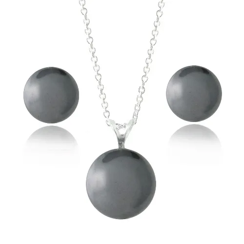 Sterling Silver Dark Grey Swarovski Pearl Necklace & Stud Earrings Set - Grocery