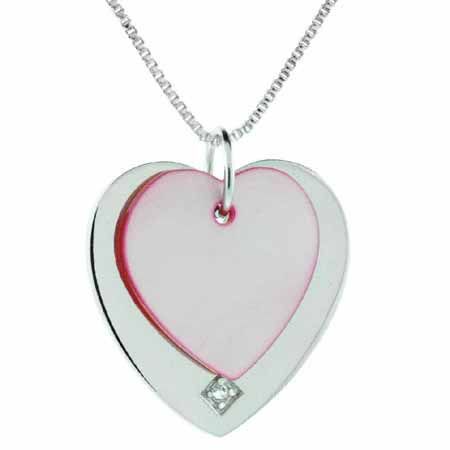 Sterling Silver Pink Shell & CZ Double Heart Tag Pendant - Grocery