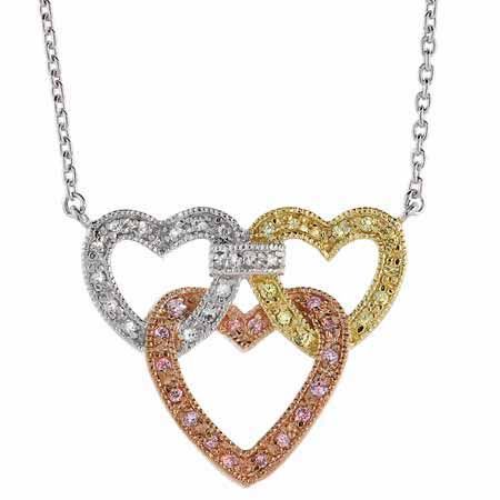 Sterling Silver Tri Color CZ Triple Intertwining Heart Necklace - Grocery