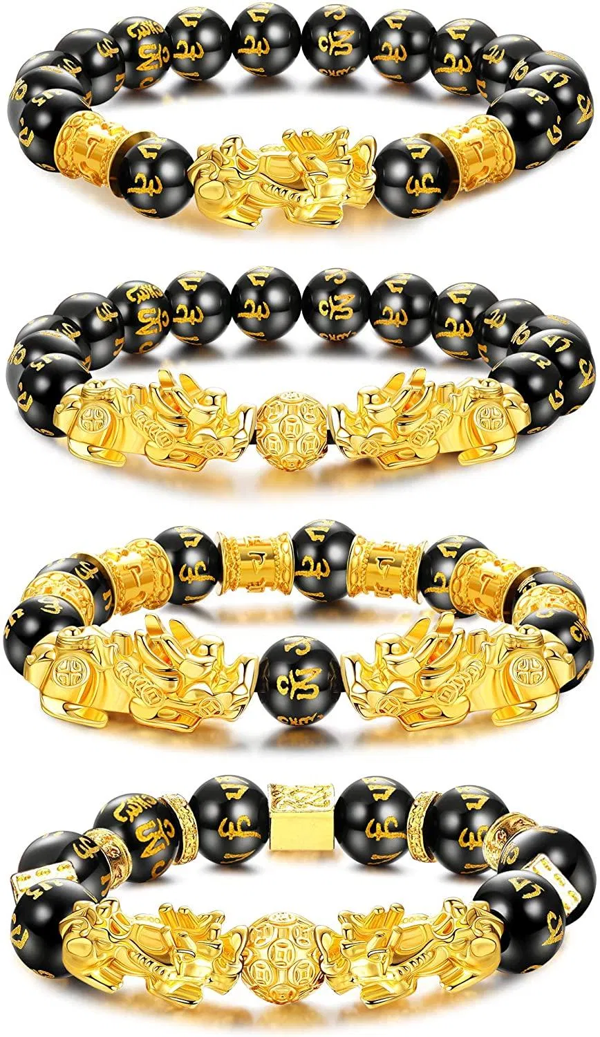 4 Pcs Feng Shui Pixiu Good Luck Bracelets for Men Women Black Obsidian Mantra Bead Bracelets Pi Yao Attract Wealth Money Bracelelts with Gold Plated - Grocery