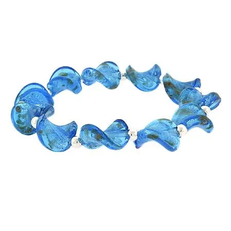Sterling Silver Aqua Blue Glitter Twisted Foil Glass Bead Stretch Bracelet - Grocery