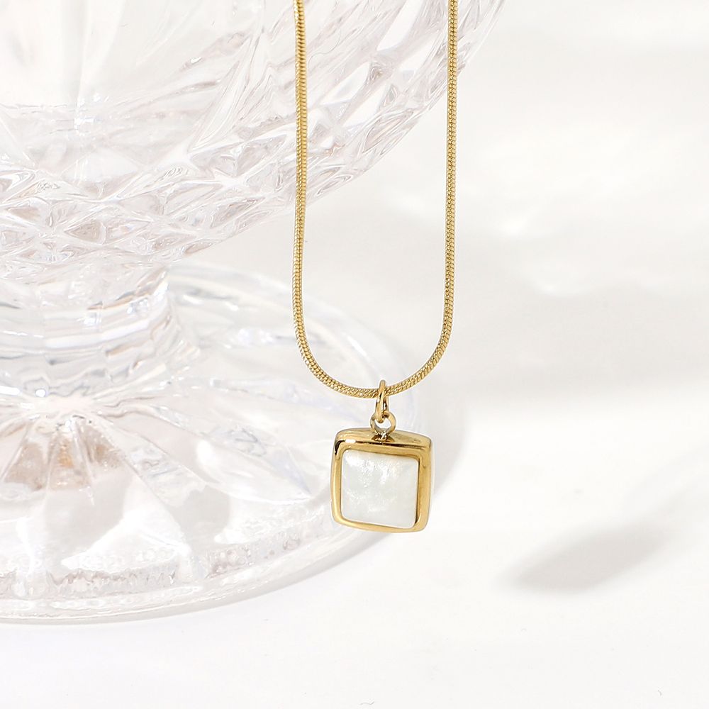 Simple 14k Gold Plated Stainless Steel Necklace Square White Jade Pendant Women's Jewelry - Grocery