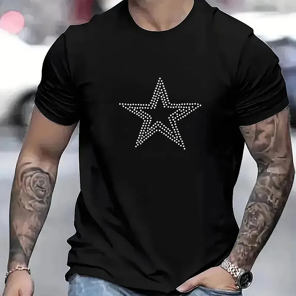 Men's Short Sleeved T-shirt With Line Star Pattern Printed Casual Round Neck T-shirt, Suitable For Summer, Breathable And Comfortable Outdoor Sports Top - Grocery