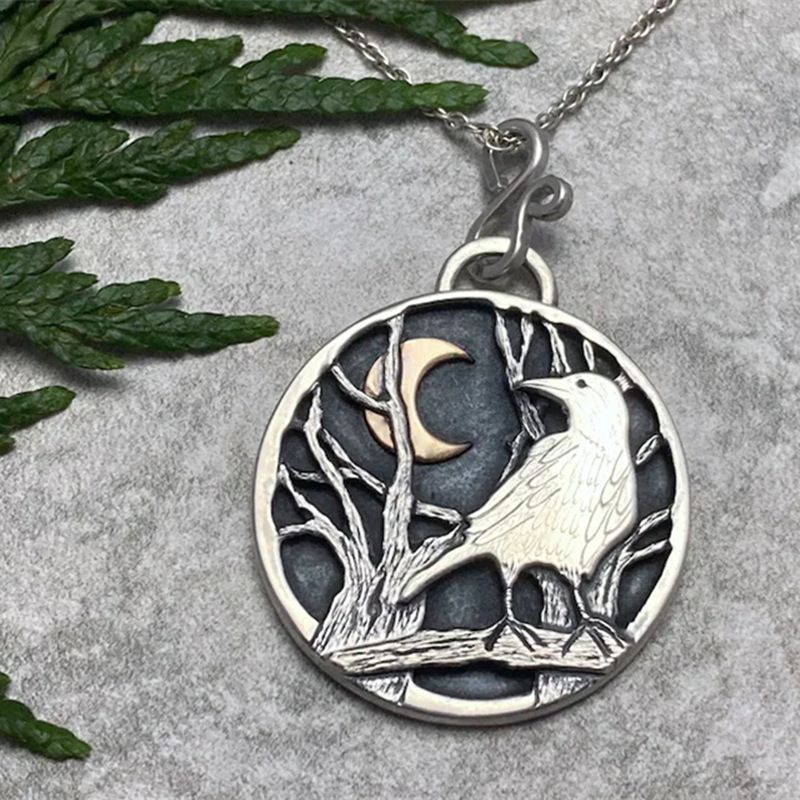 Vintage Charm Necklace Heart Pattern Of Forest & Crow Pendant With Long Hollow Chain Adjustable Clothing Accessories - Grocery