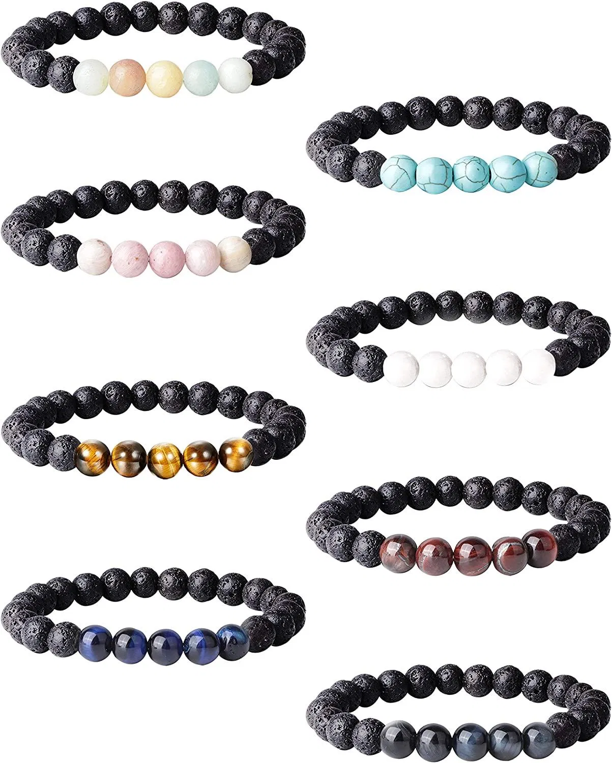 8PCS Lava Rock Stone Bracelet for Women Men Oil Diffuser Bracelet Gemstone Bead Natural Stone Stretch Yoga Bracelets - Grocery