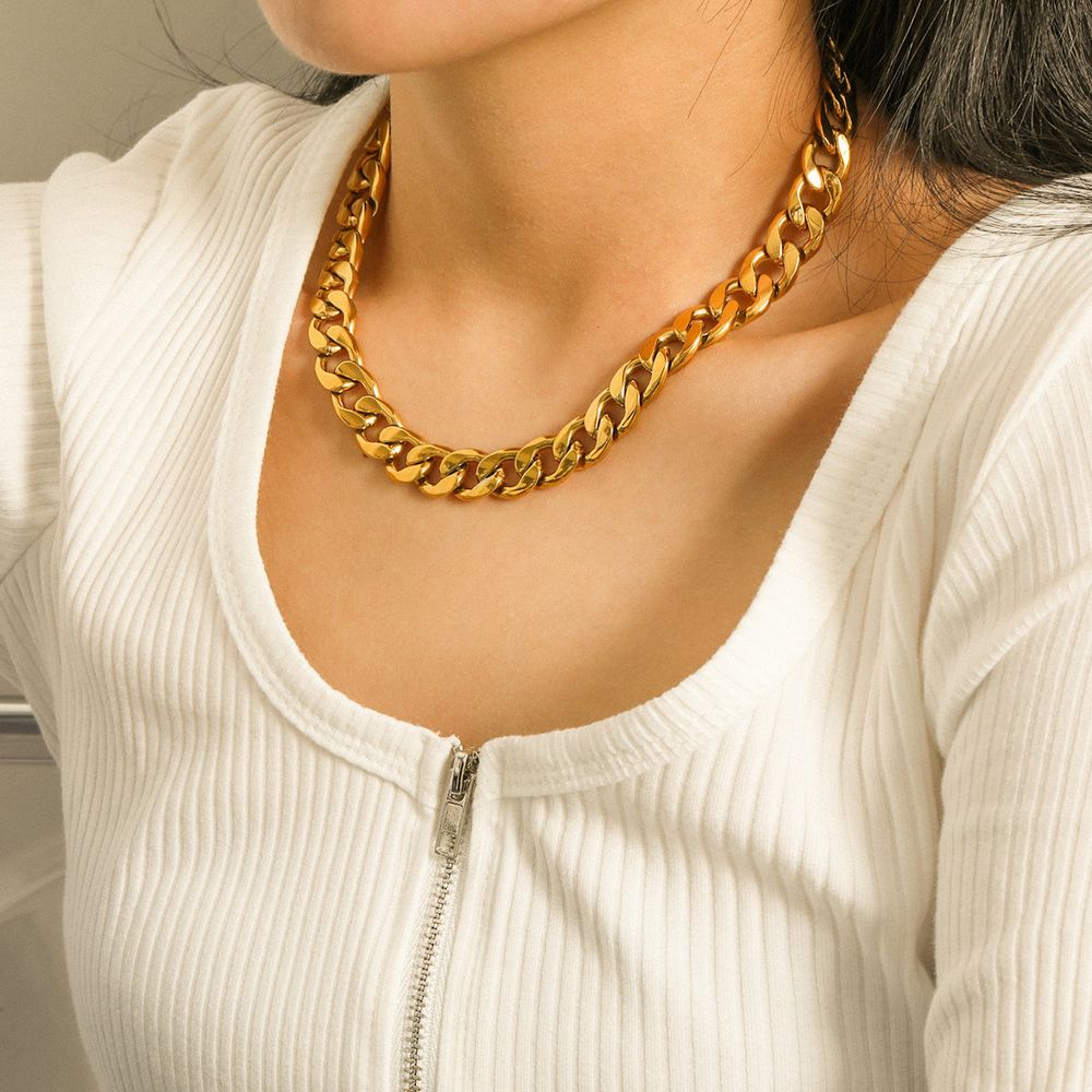 12mm Large Flat Curb Necklace Simple 18k Gold Plated Stainless Steel Choker Necklace Jewelry - Grocery