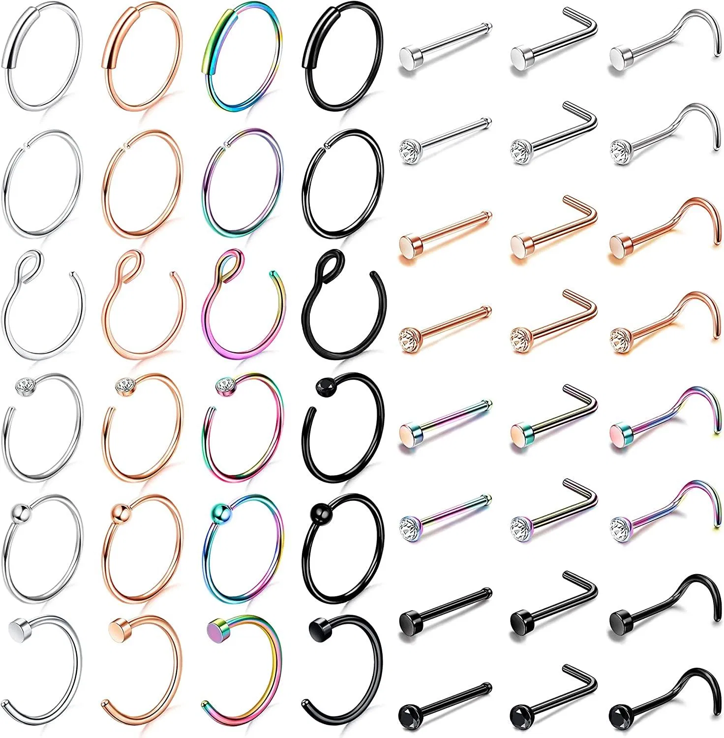 48 PCS 20G Surgical Stainless Nose Rings for Women Men Nose Ring Hoops Studs Screw L-Shaped Nose Piercings with Cubic Zirconia Inlaid - Grocery