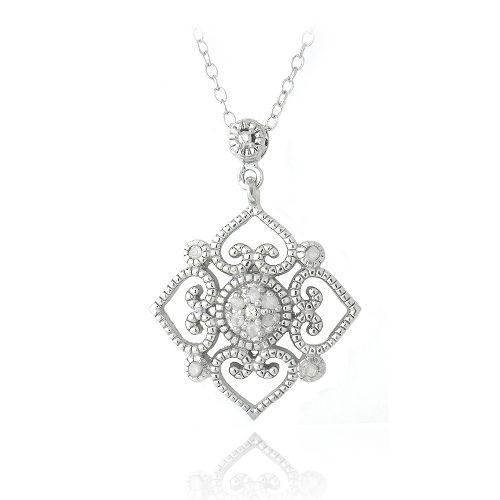 Sterling Silver 1/10ct Diamond Heart Flower Filigree Dangle Necklace - Grocery