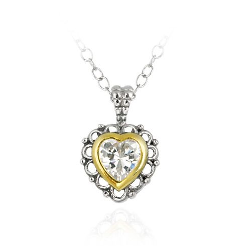 Sterling Silver Two Tone Designer Inspired CZ Heart Pendant w/ Filigree Border - Grocery