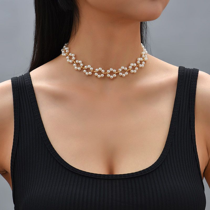 Flower Shape Braid Necklace Faux Pearls Short Choker Necklace Minimalist Creative Neck Jewelry For Women - Grocery