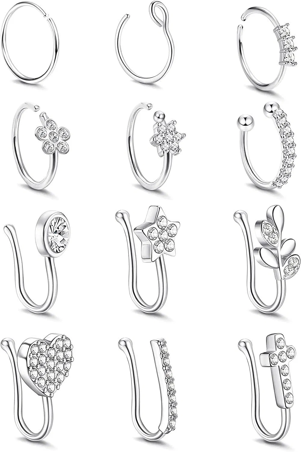 12Pcs Fake Nose Rings Non Piercing Clip On Nose Cuff Nostril for Women - Grocery