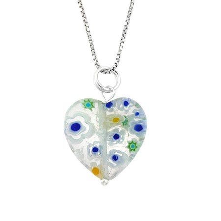 Summer Murano Glass Sterling Silver Bead Spring Green Millefiori Flower Heart Pendant - Grocery