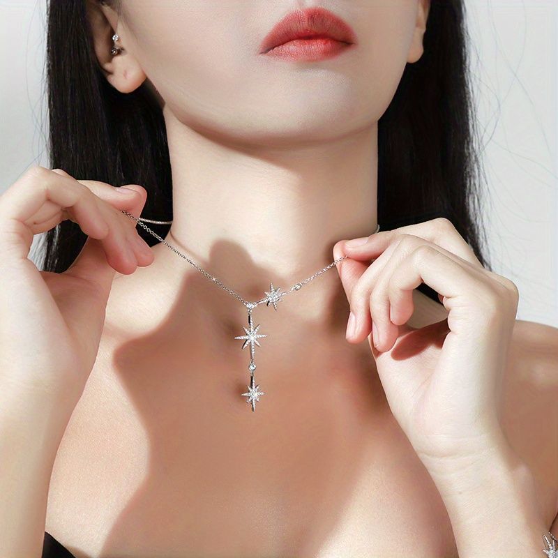 Sparkle with Style: 925 Silver Plated Zircon Star Pendant Necklace for Women - Grocery
