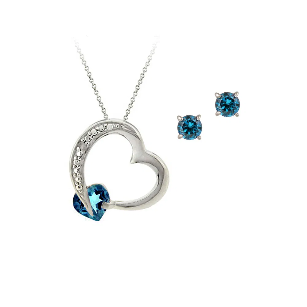 Sterling Silver London Blue Topaz & Diamond Accent Floating Heart Pendant and Earrings Set - Grocery