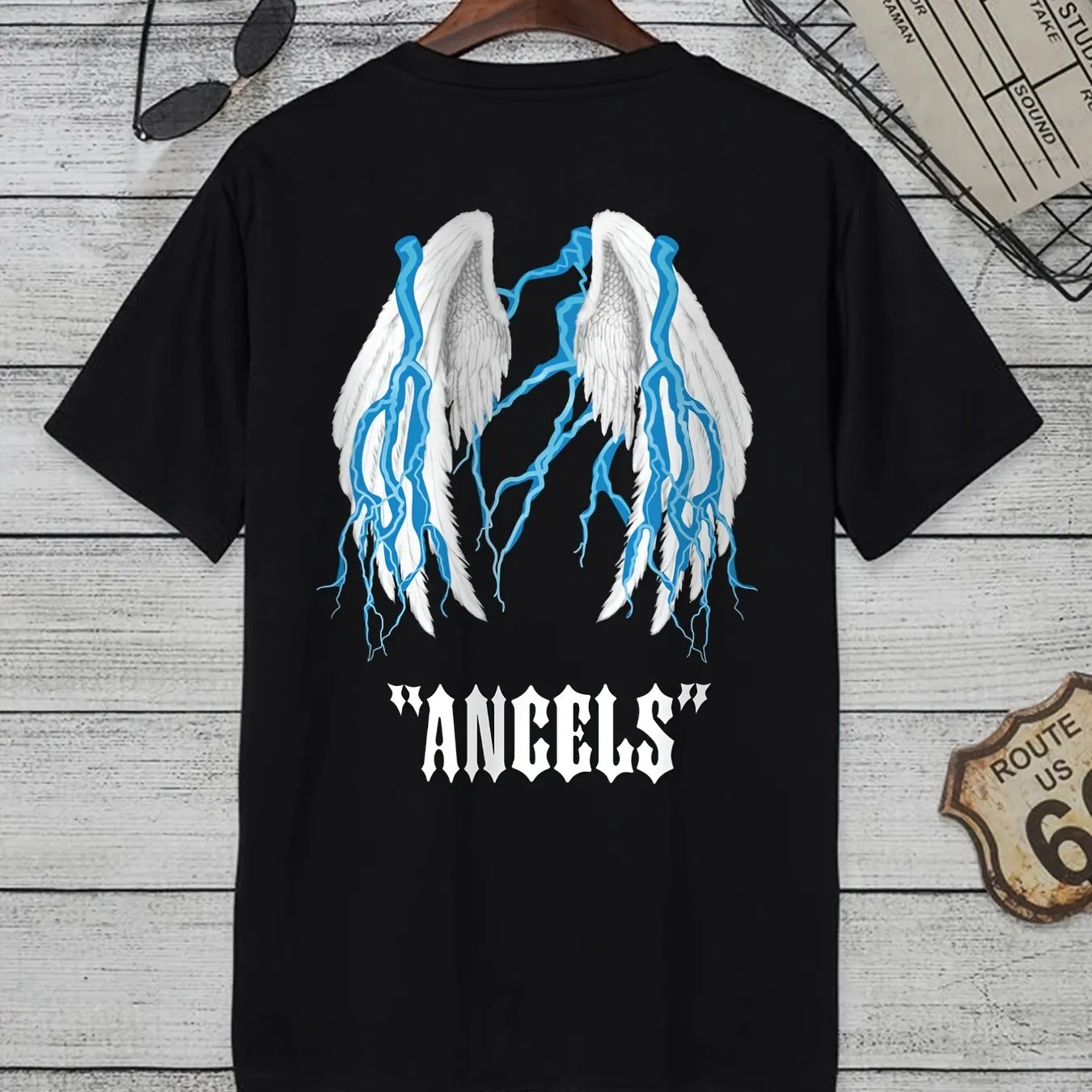 Men's Cartoon Wing Pattern T-shirt, Casual Solid Color Round Neck T-shirt Best-selling Product - Grocery