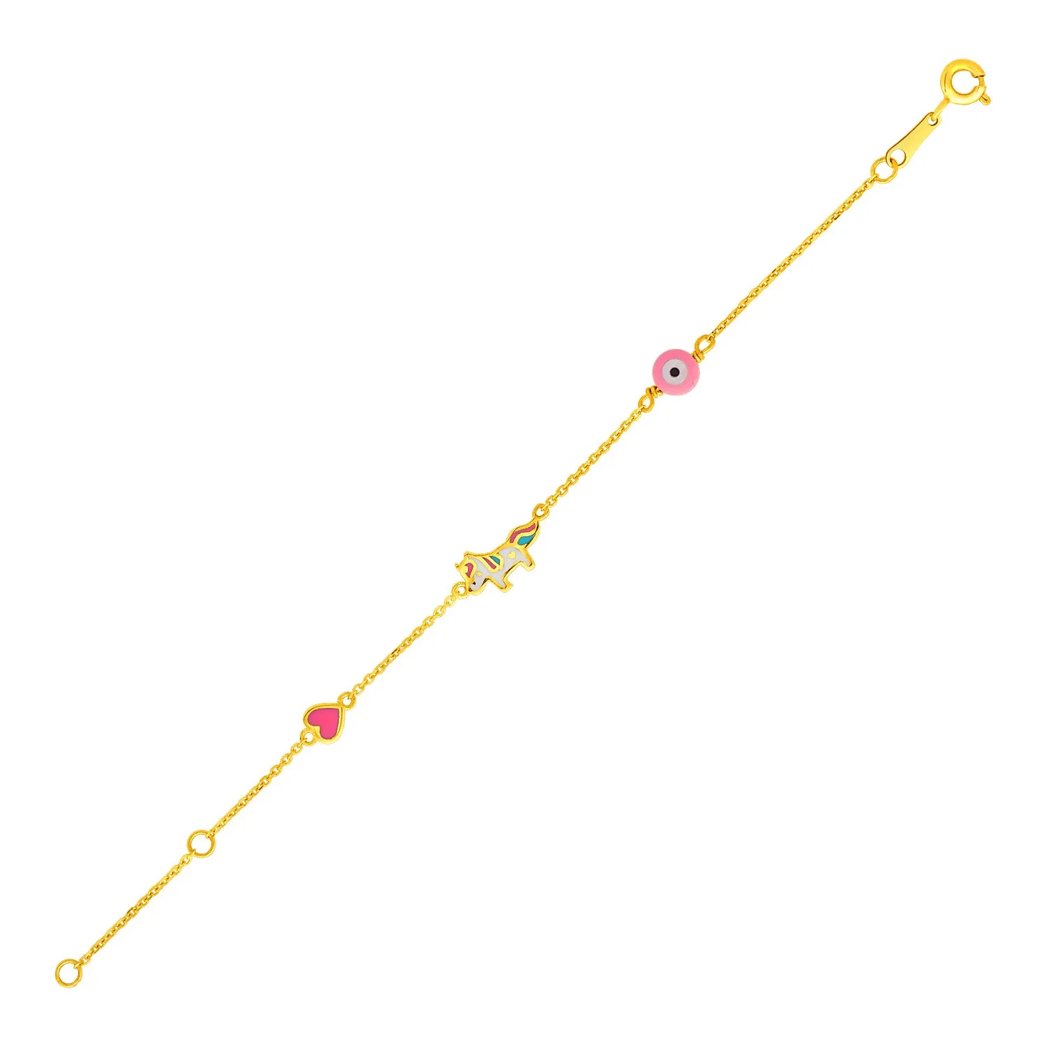 14k Yellow Gold 5 1/2 inch Childrens Bracelet with Enameled Heart Unicorn and Circle - Grocery
