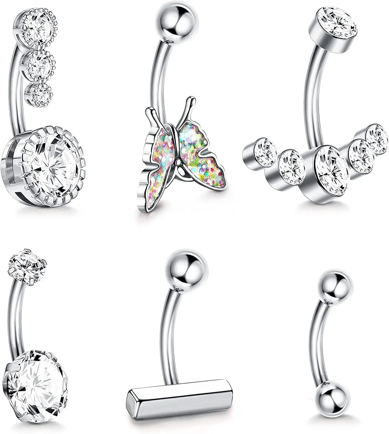 Women's 14G Belly Button Rings Dangle 316L Suigical Sparked CZ Curved Butterfly Bar Navel Rings Daity Simple Barbell Belly Piercing 6Pcs - Grocery