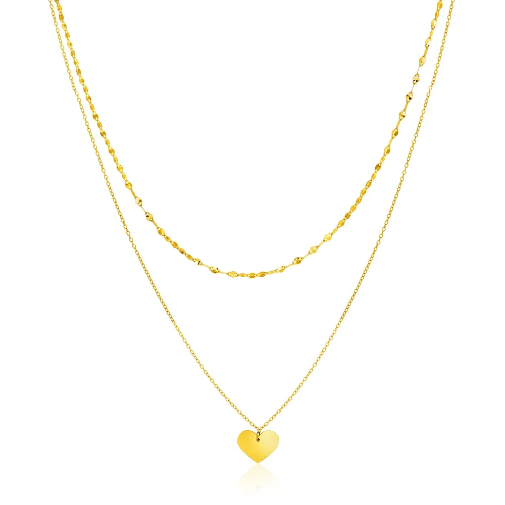 14k Yellow Gold 18 inch Two Strand Necklace with Heart Pendant - Grocery
