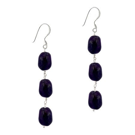 Sterling Silver .925 Genuine Amethyst 3 Stone Nugget Dangle Bead Earrings - Grocery